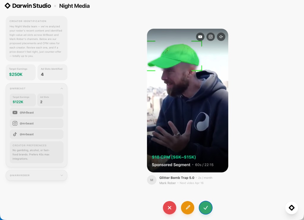 Darwin Studio approval for Night Media — Mark Rober's Glitter Bomb Trap 5.0 at $18 CPM ($6K–$15K), Sponsored Segment at 60s/22:15, with creator sidebar showing @MrBeast target earnings of $122K across 2 ad slots, YouTube/Instagram/TikTok handles, and creator preferences