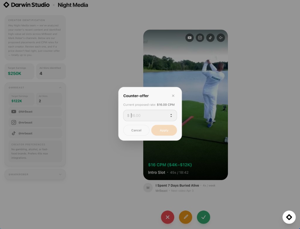 Studio counter-offer modal showing current proposed rate of $16.00 CPM with a single CPM input field, Cancel and Apply buttons